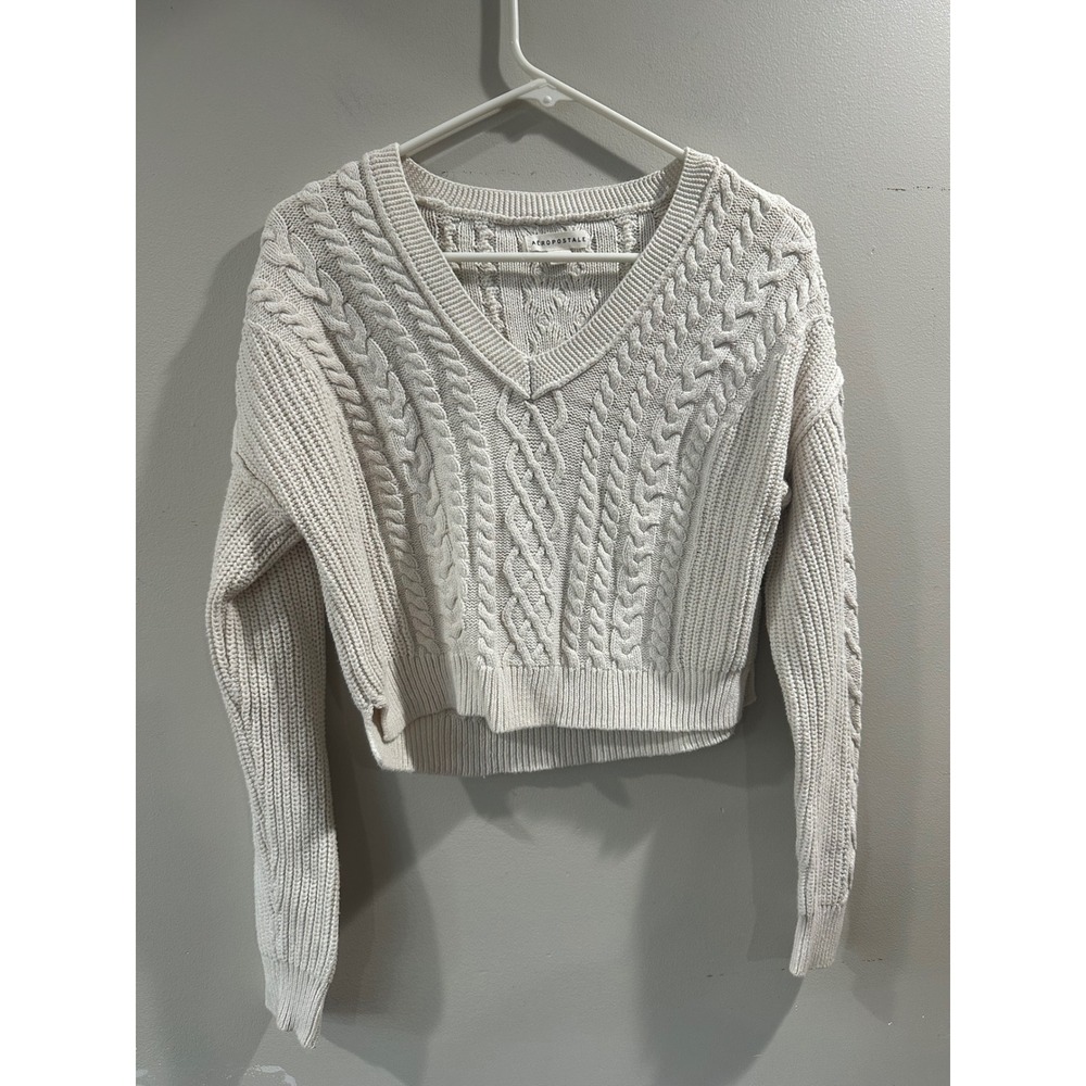 Aeropostale Womens Cream Cable Knit V-Neck Cropped Sweater Size M Long Sleeve